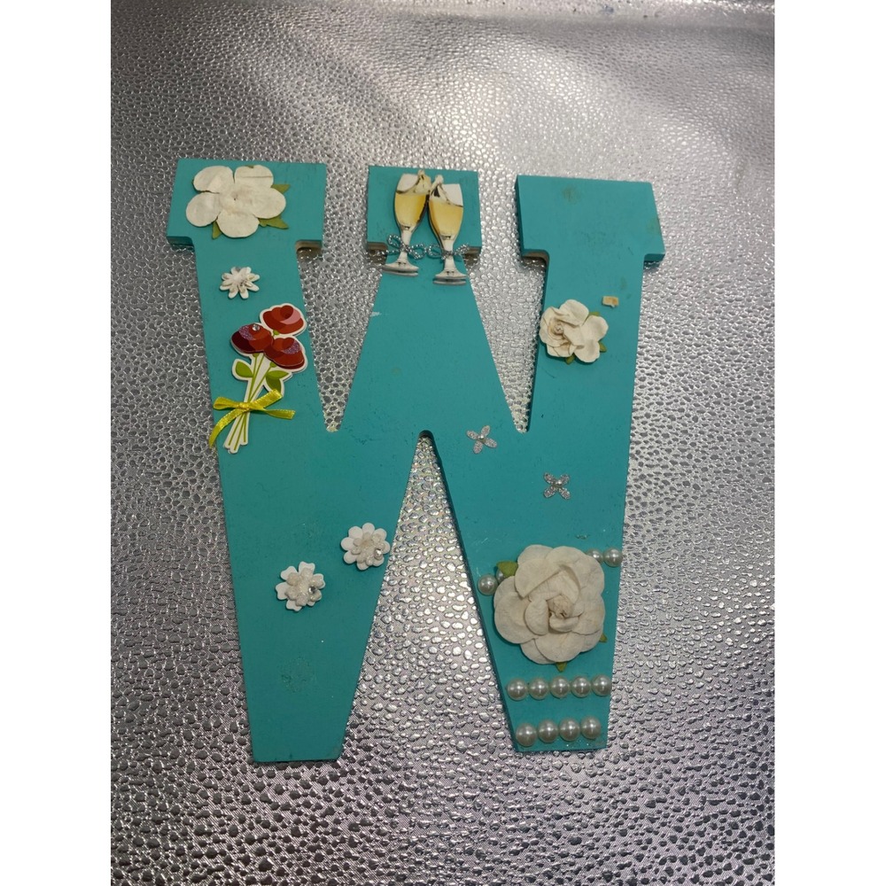 ArtMinds Wooden Letter W Turquoise Blue Wall Decor Floral Pearl Embellished 8in